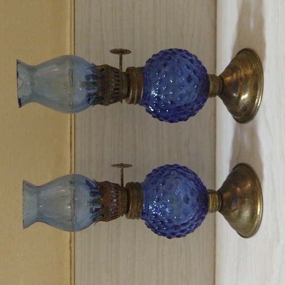 Other - Vintage Mini Cobalt Blue Hobnail Oil Lamp with Hand Blown Chimney